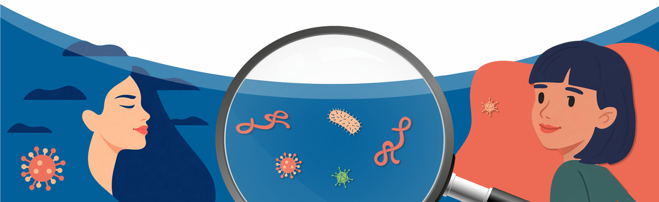 Illustration of a woman and a child observing microorganisms through a magnifying glass.