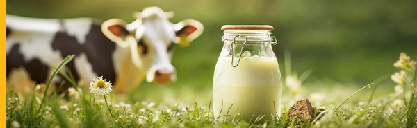 Dairy cow pictured with a container of milk.