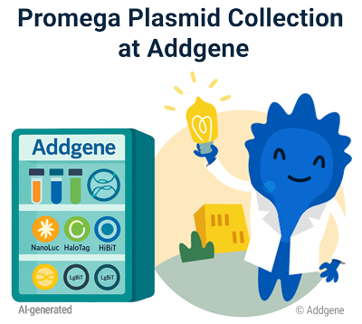 Addgene mascot Blugene presents Promega plasmid collection