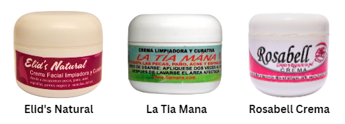 Three face creams pictured here contain the harmful chemical mercury. The names of the products are Elid's Natural, La Tia Mana, and Rosabell Crema