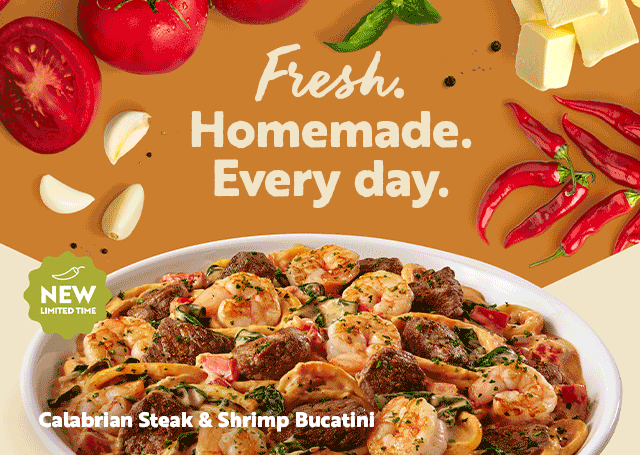 3 animated images of Seafood Alfredo, Calabiran Steak & Shrimp Bucatini and Five Cheese Ziti al Forno with homemade sauces and herbs.