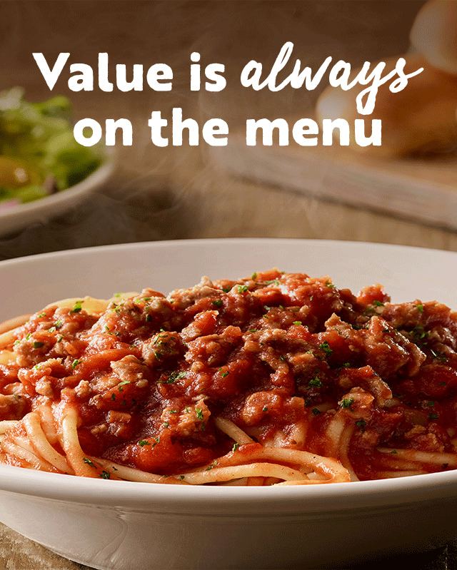 10 lunch classics under $12*. Create your own pasta $12.99†. Take home entrees $6††.