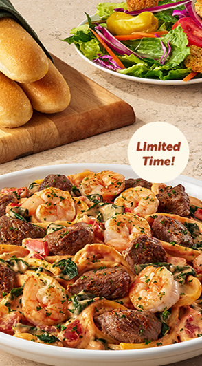 Calabrian Steak and Shrimp Bucatini with spicy Calabrian sauce, juicy steak and shrimp – available for a limited time with free delivery using code OGDELIVERS.
