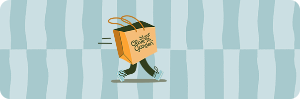 Illustration of a walking Olive Garden To Go bag.