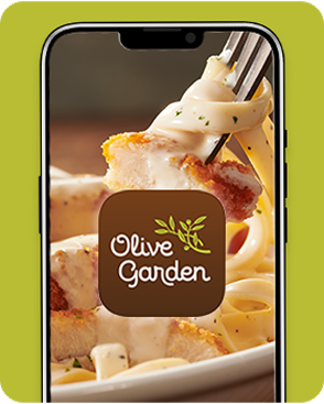 Olive Garden mobile app shown for ordering and finding locations.