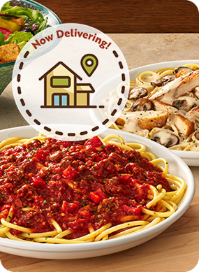 a promotional advertisement for a restaurant's delivery service. It features two plates of pasta: one with a rich red marinara sauce and another with a creamy mushroom sauce topped with chicken. In the background, there is a salad with colorful vegetables. A circular badge with a house icon and the text Now Delivering!