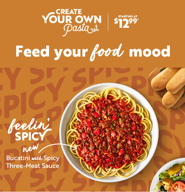 Create your own pasta - $12.99 - Feed your food mood - Image of several different bowls of pasta.