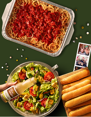 Holiday-themed Olive Garden catering display encouraging guests to plan their pasta party.