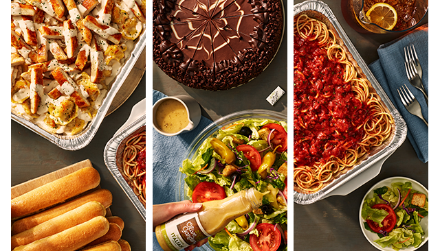 a collage featuring various food items: a tray of chicken alfredo, a chocolate cake with a web-like design, a tray of spaghetti with marinara sauce, a salad with dressing being poured, and a stack of breadsticks, all arranged on a table setting