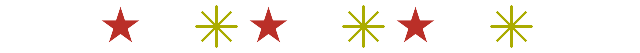 a sequence of five icons: three stylized red stars with a striped background, separated by two green starburst shapes