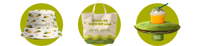 An image of a hat, tote bag, and a drink in a float.