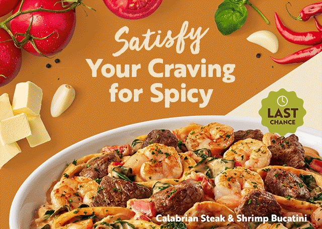 A bowl of Calabrian Steak & Shrimp Bucatini. A bowl of Spaghetti Three-Meat Sauce, garnished with herbs and served hot for a summer special.