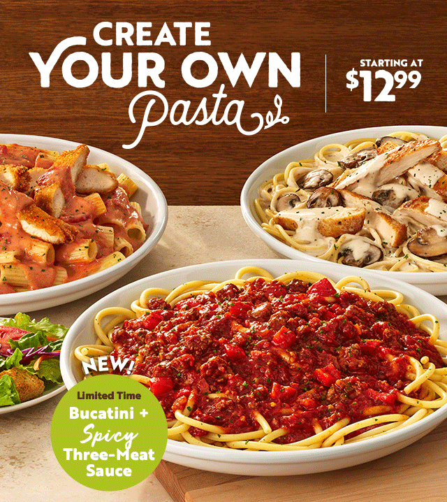 Create your own pasta starting at $12.99 - Limited time Bucatini + Spicy Three-Meat Sauce