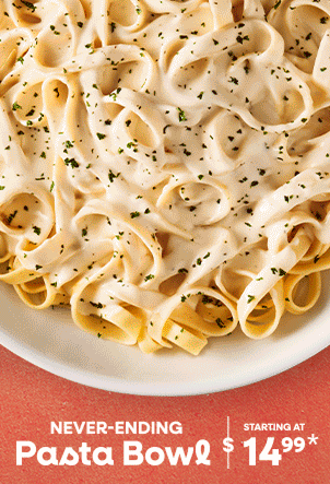Enjoy endless pasta your way with the Never-Ending Pasta Bowl, starting at $14.99.