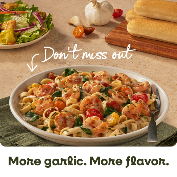 Animated image of Olive Garden's NEW! limited-time Creamy Garlic Fettuccine.