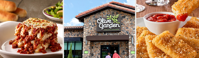An image of Lasagna. An image of an Olive Garden restaurant. An image of fried mozzarella sticks and marinara sauce.