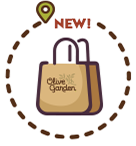A circular badge with a 'NEW!' label and an icon of two Olive Garden shopping bags, featuring a dashed outline and a pin marker.
