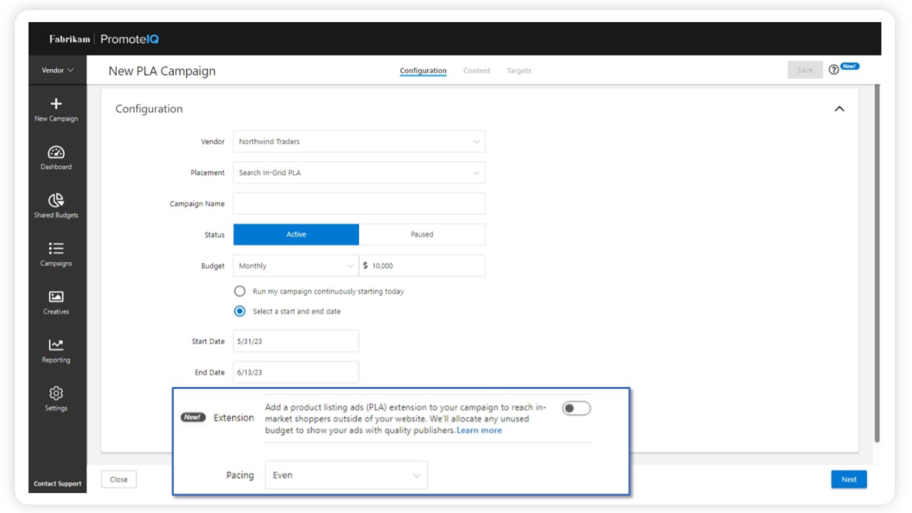 visual example of the campaign setup process in the platform for PLA extension