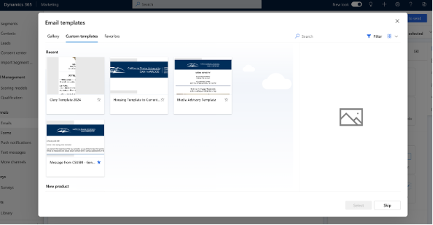 Email template selection screen