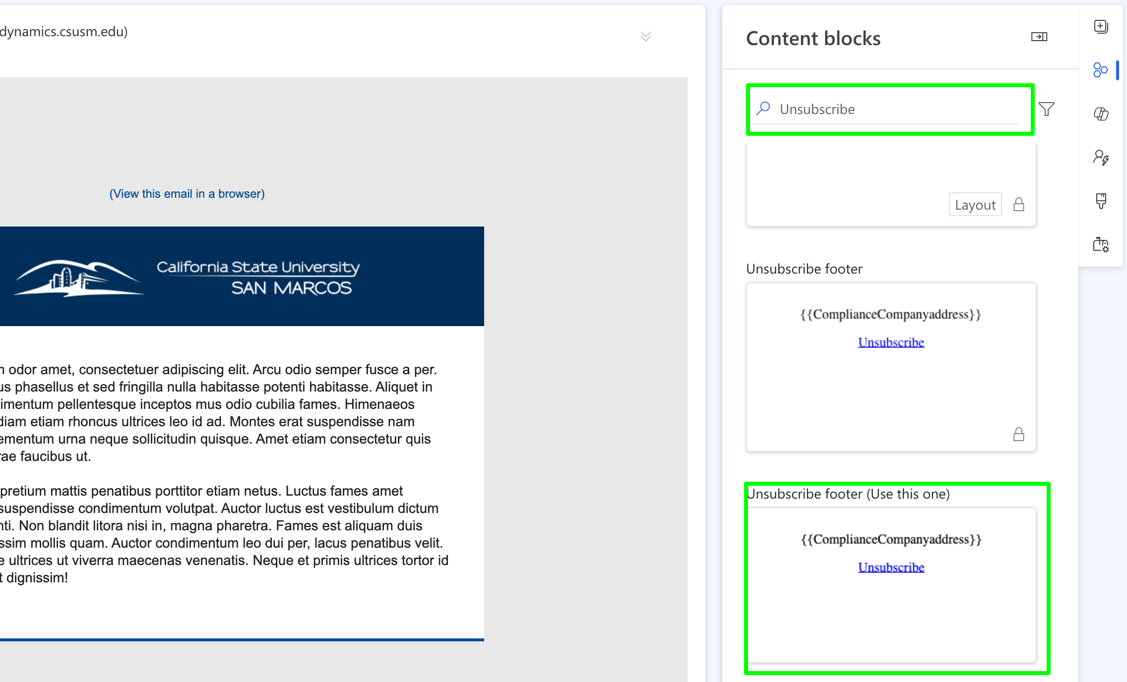 Search and select unsubscribe block