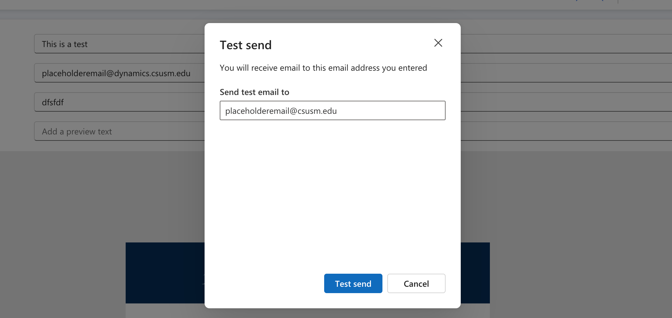 Test Send popup