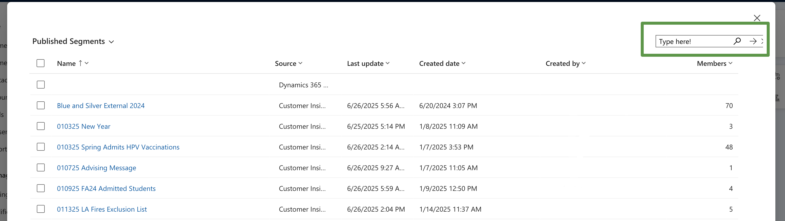 Select email audience from search
