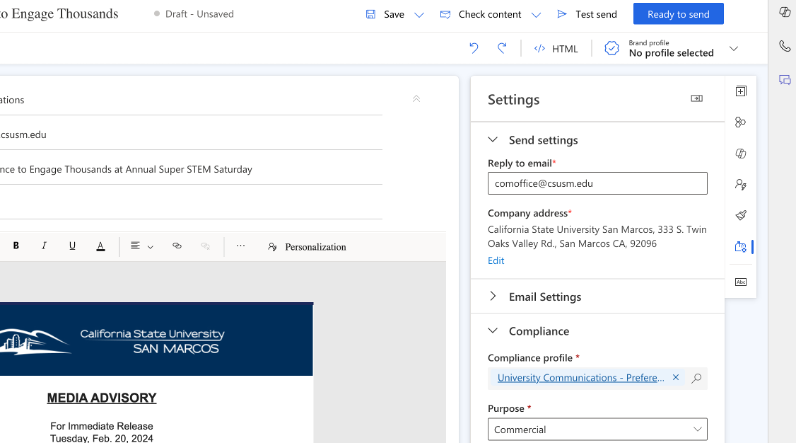 Final email settings panel