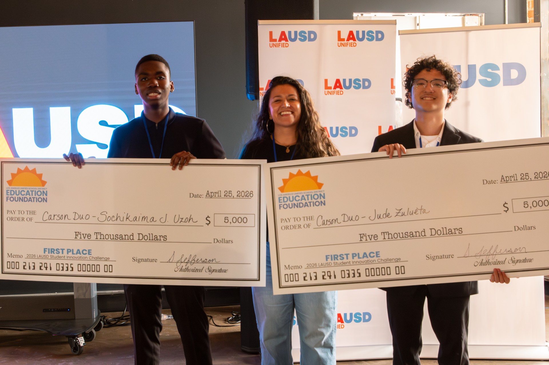 SochiKaima J. Uzoh celebrates winning first place in the 2026 LAUSD Student Innovation Challenge.