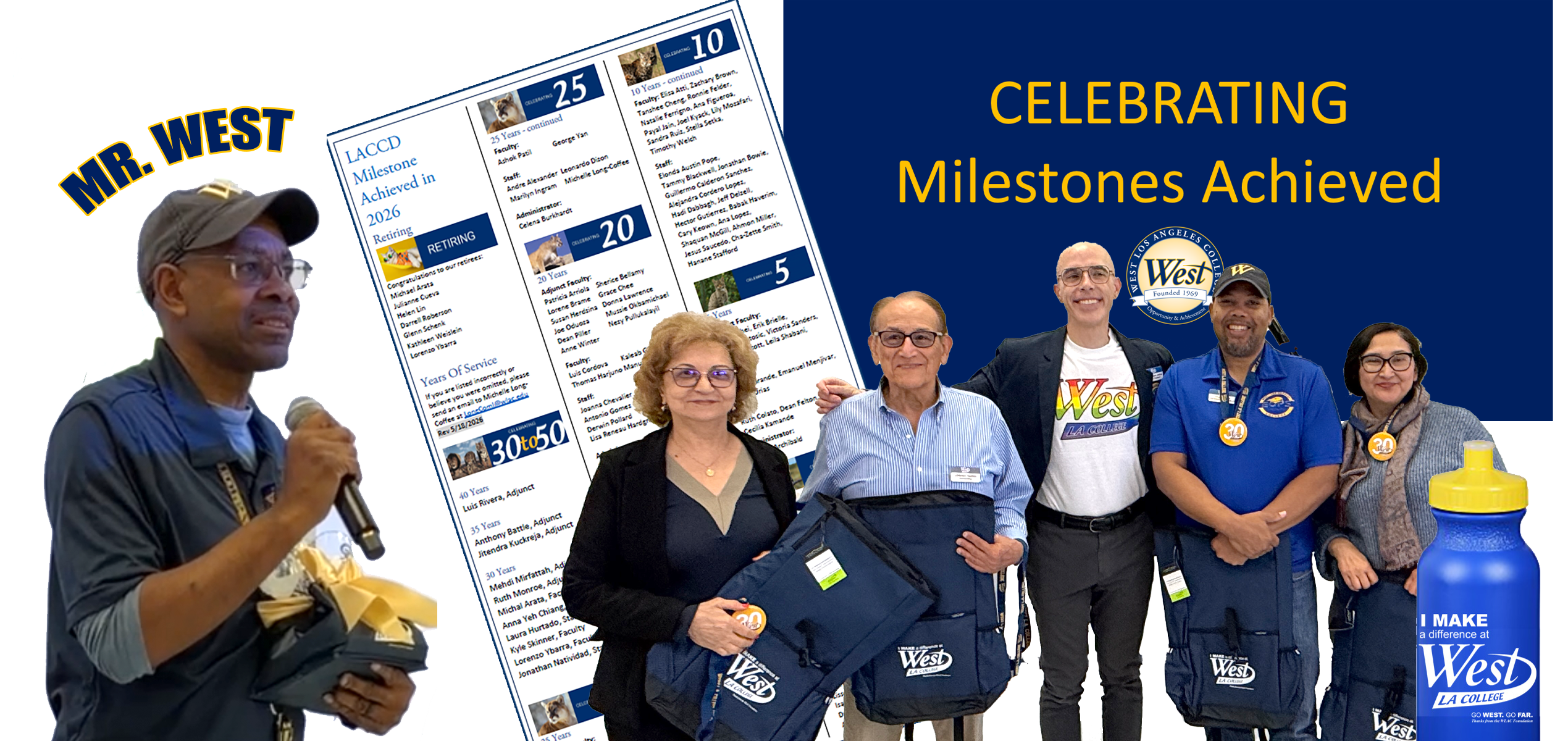 Several West employees celebrating milestone anniversaries posing with Interim President Matthew Jordan.