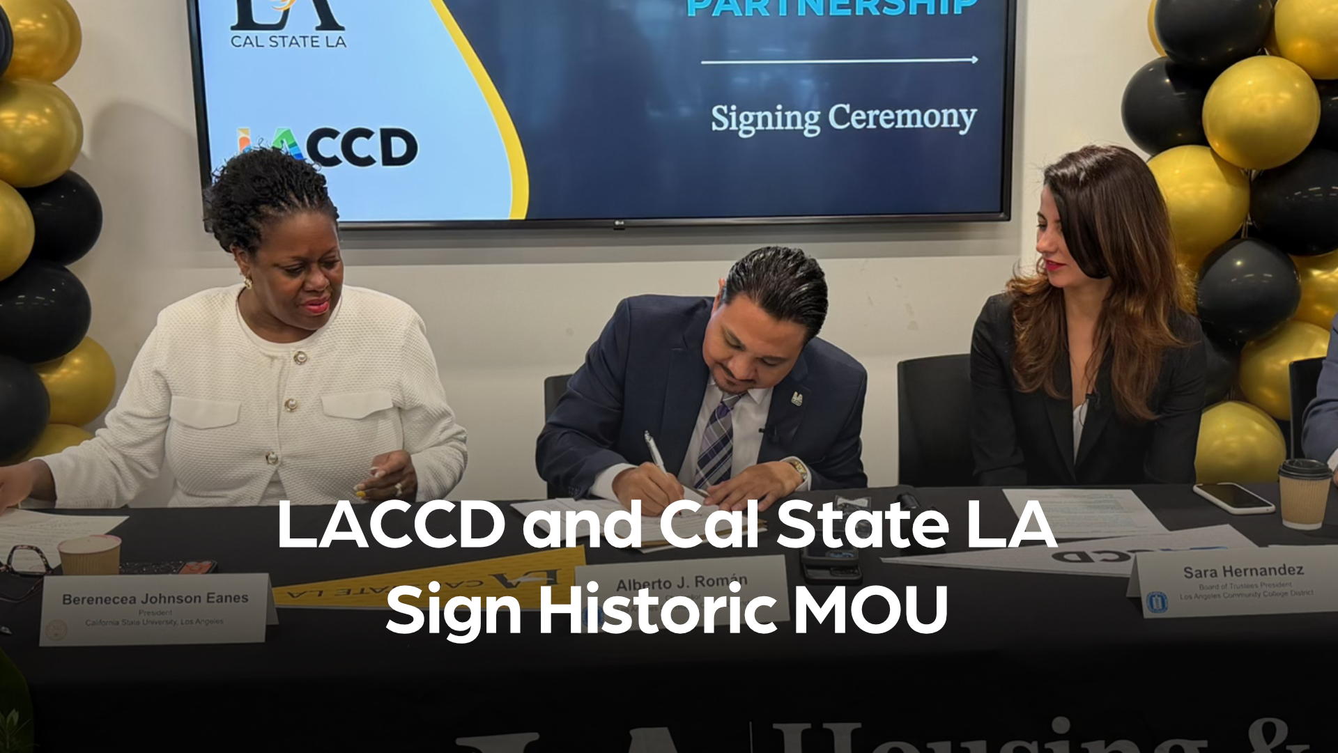 Heading banner image with text displaying "LACCD and Cal State LA Sign Historic MOU".