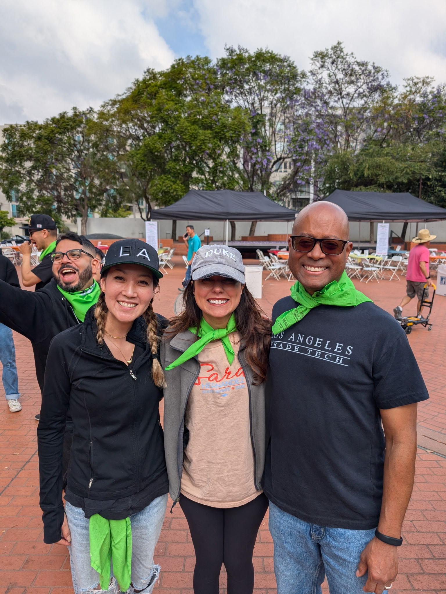 Left: LACCD Trustee Kelsey Iino, Board President Trustee Sara Hernandez, and Dr. McQuarters at the Little Tokyo Sparkle Clean-Up event