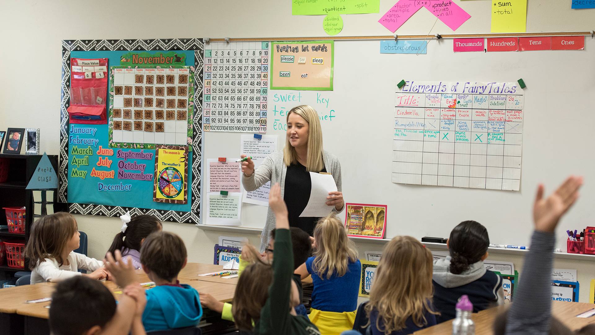 Teacher and K-12 students in a classroom