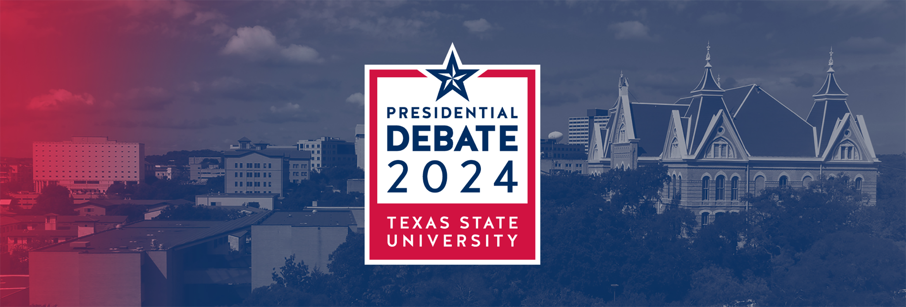 presidential debate logo overlayed on an arial photo of campus