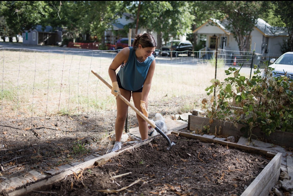 a student digging in a garden bed