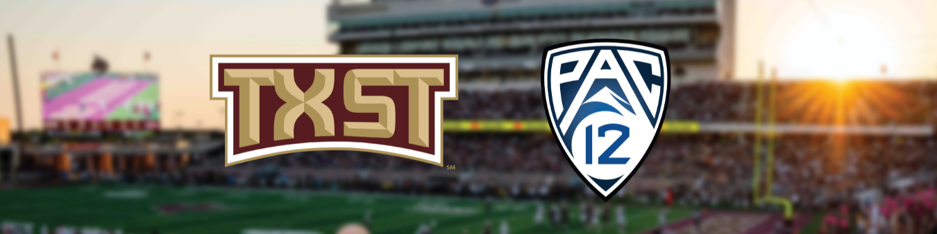 TXST logo and Pac 12 logo over image of UFCU Stadium with packed crowd