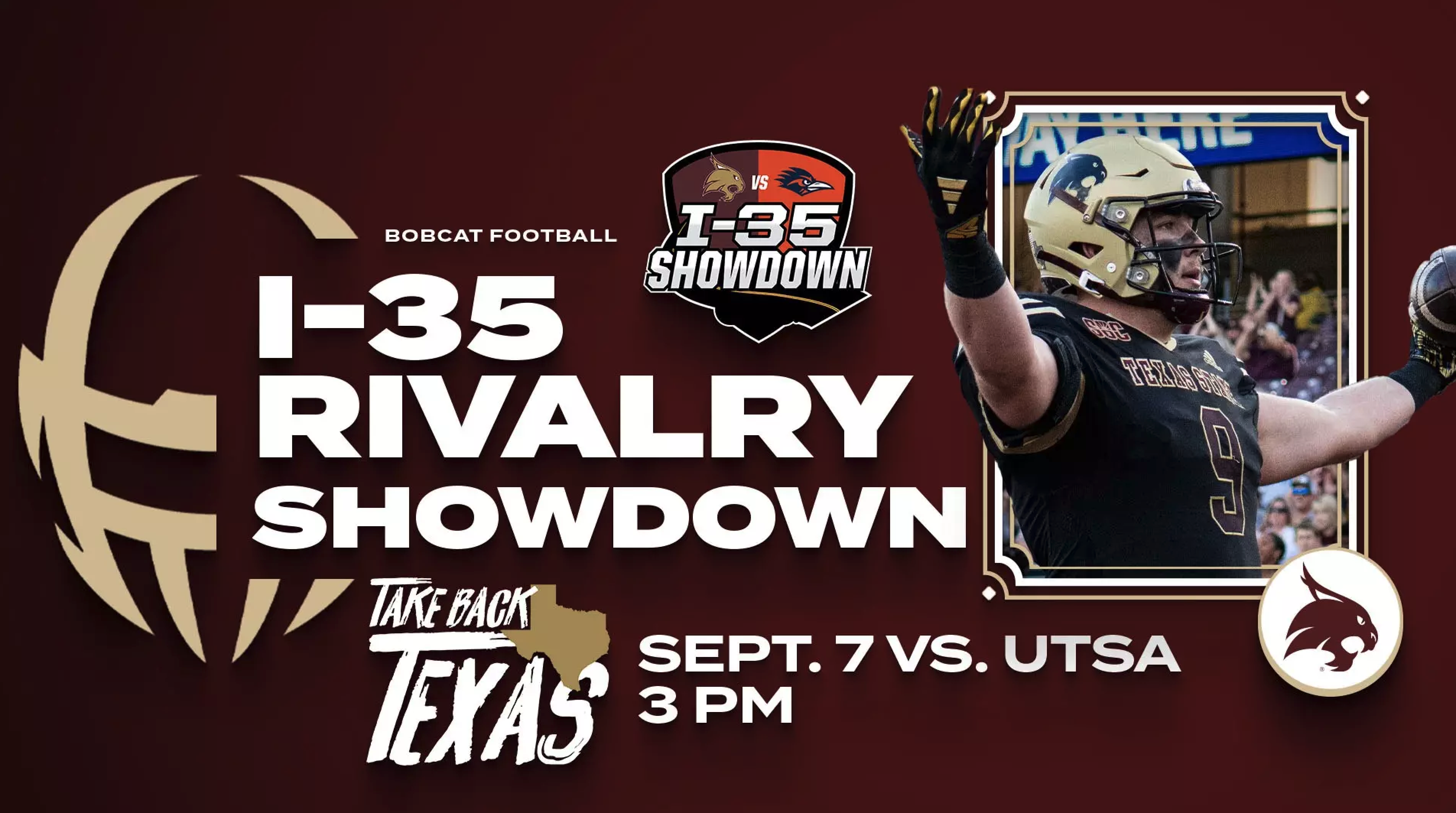 Graphic with text: I-35 rivalry showdown september 7 vs UTSA at 3pm