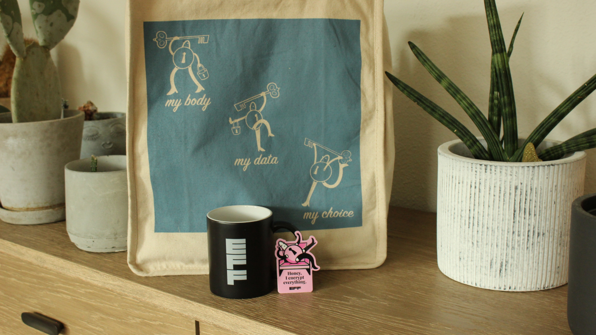 Bundle featuring EFF's Lady Lock mug, sticker, and tote bag
