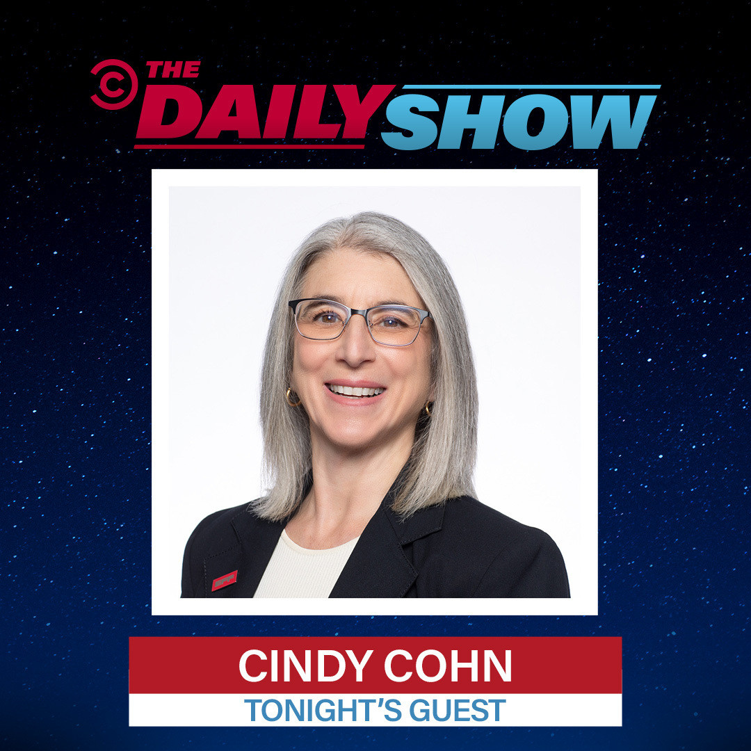 The Daily Show banner with Cindy Cohn's picture.