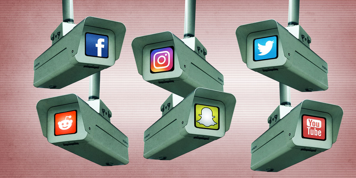 Six surveillance cameras with assorted social media logos in each lens.