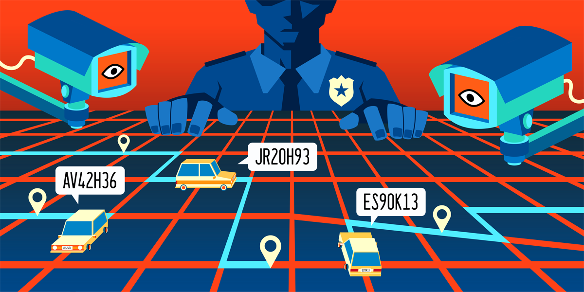 Map grid with cameras and a cop tracking cars