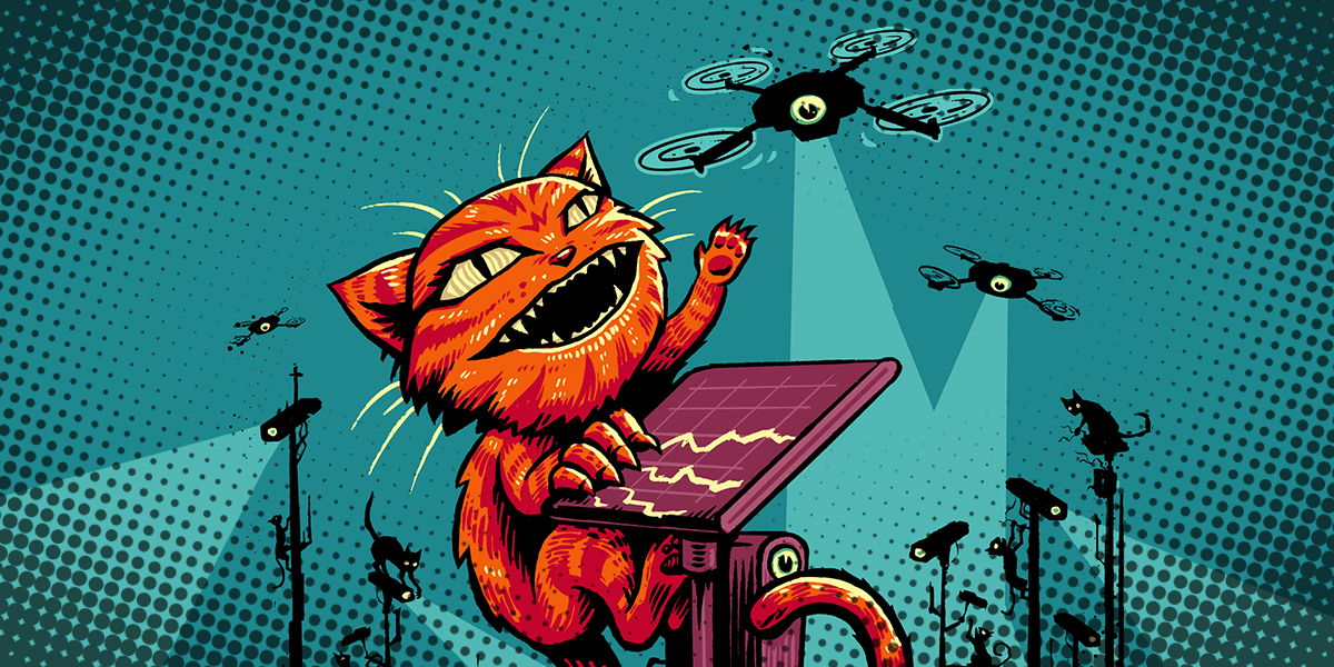 An orange cat climbs an ALPR camera to swat at surveillance drones in a blue night sky.