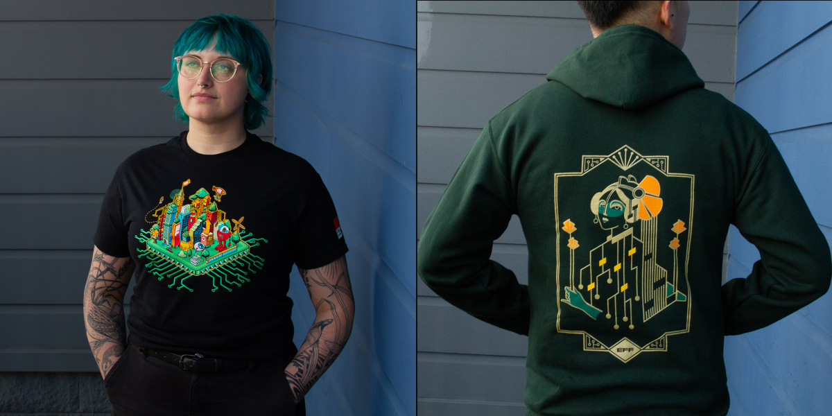 Person in an EFF35 Cityscape shirt next to a person in a green hoodie with a gold motherboard figure and orange poppies on the back.