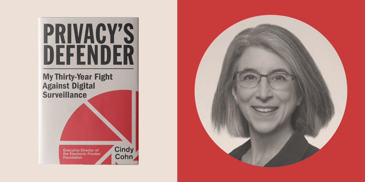 Privacy's Defender book cover with a photo of EFF Executive Director Cindy Cohn