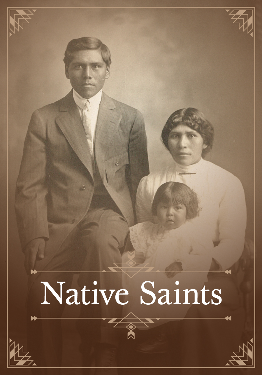 Native Saints cover, featuring a family of three Shoshone Church members in early twentieth century dress.