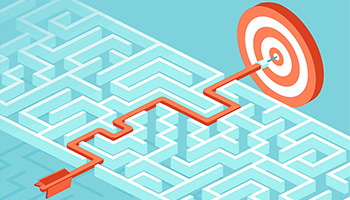 A red arrow winds through a complex maze to hit the bullseye center of an archery target