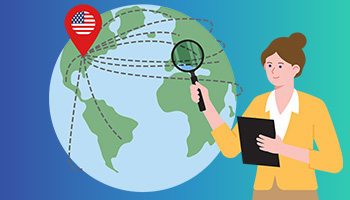 An illustration of a woman holding a tablet and a looking at an map of the world with paths indicating movement of foreign business into the United States.ng glass.