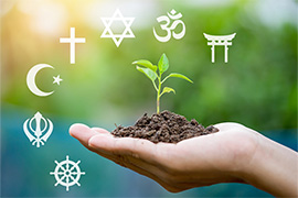 A hand holding a small green sprout is surrounded by symbols of multiple religions, including Christianity, Judaism, Islam, Buddhism, Hinduism, Sikhism, and Shinto
