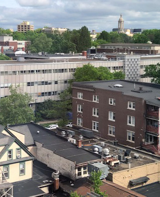 Aerial view of buildings in the City of State College in Centre County, Pennsylvania