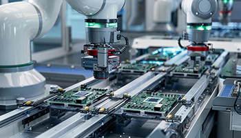 Robots assemble circuit boards in a factory