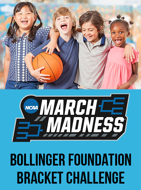 Four children smile and laugh while holding a basketball. Text reading Bollinger Foundation Bracket Challenge appears below the NCAA's March Madness logo.